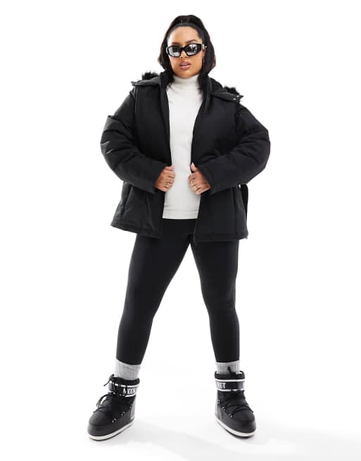 Threadbare Plus - Manteau de ski ceinturé avec capuche bordée de fausse fourrure - Noir
