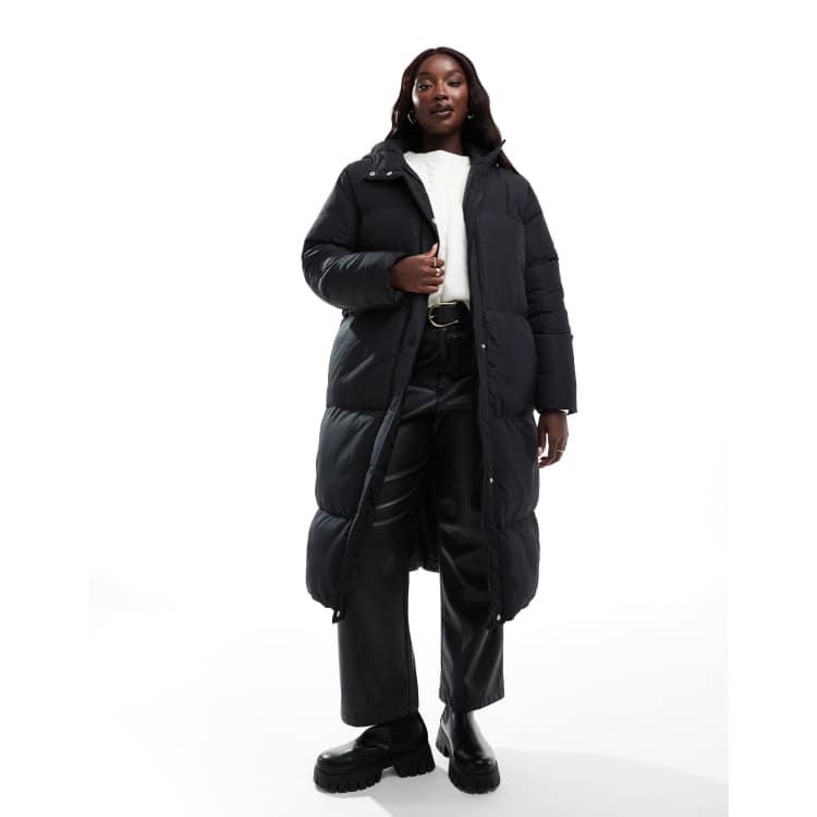 Threadbare Plus maxi puffer coat with hood in black ASOS