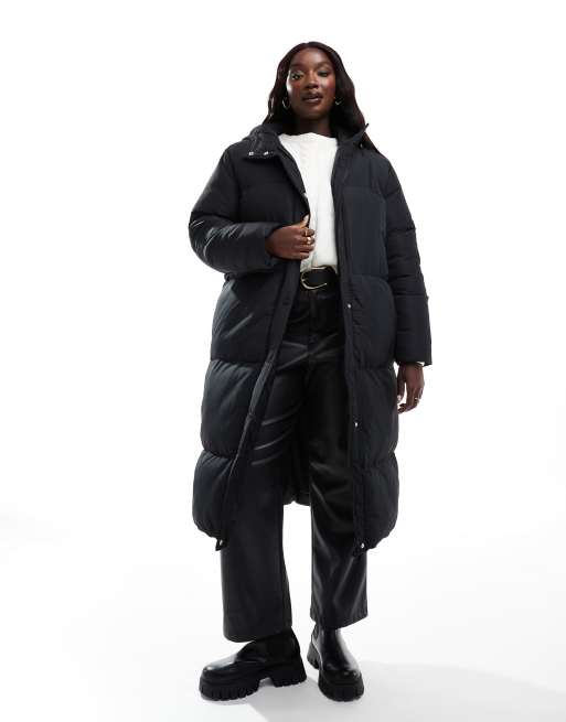 Threadbare Plus maxi puffer coat with hood in black ASOS