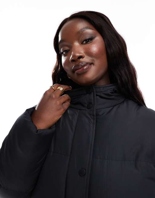 Threadbare Plus maxi puffer coat with hood in black ASOS