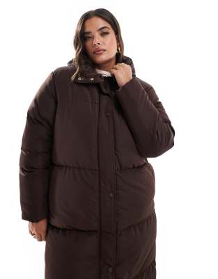 Threadbare Plus Maxi Puffer Coat With Hood In Brown