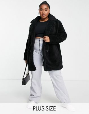 Threadbare Plus mid length borg coat in black