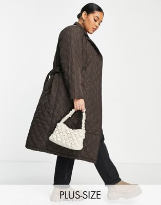 Threadbare Plus Olive quilted trench coat with belt in chocolate brown