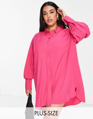 Threadbare Plus oversized balloon sleeve shirt dress in bright pink