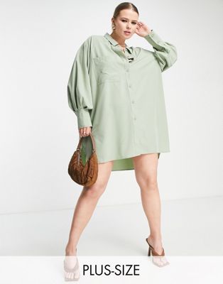 Threadbare Plus oversized balloon sleeve shirt dress in sage green