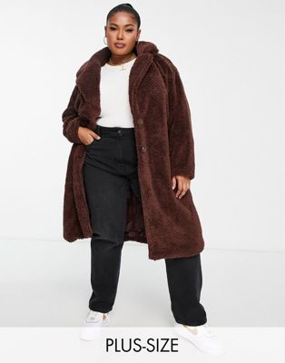 Threadbare Plus oversized longline borg coat in chocolate brown