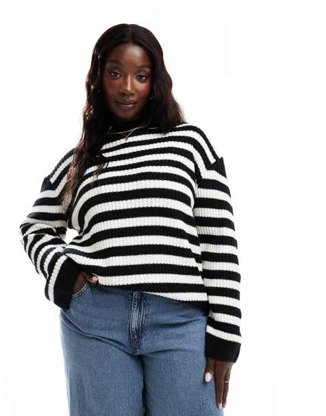 Threadbare Plus - Oversized striktrøje med høj hals og sort/hvide striber - view 1