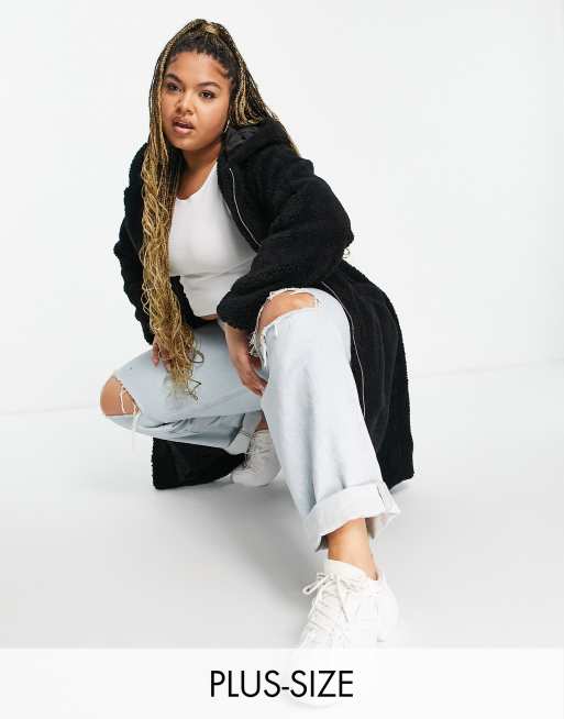 Threadbare Plus Penguin oversized hooded borg coat in black | ASOS