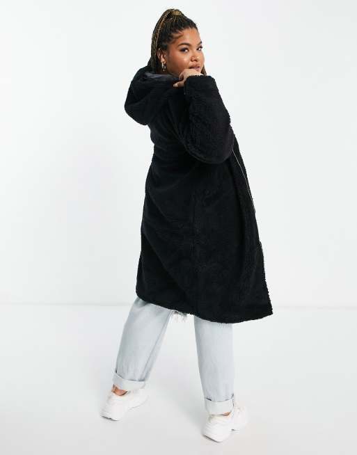 Threadbare Plus Penguin oversized hooded borg coat in black | ASOS