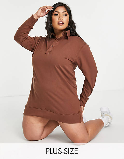 Threadbare Plus polo shirt sweater mini dress in chocolate brown
