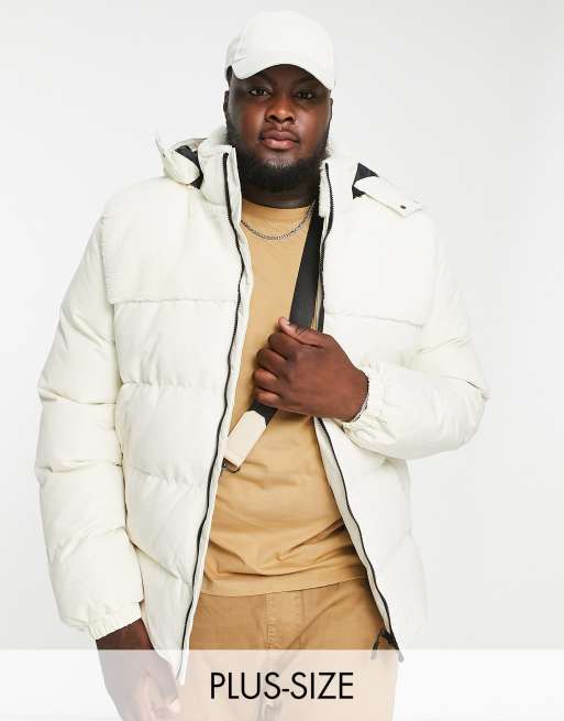 Threadbare Plus puffer jacket with detachable hood in ecru | ASOS