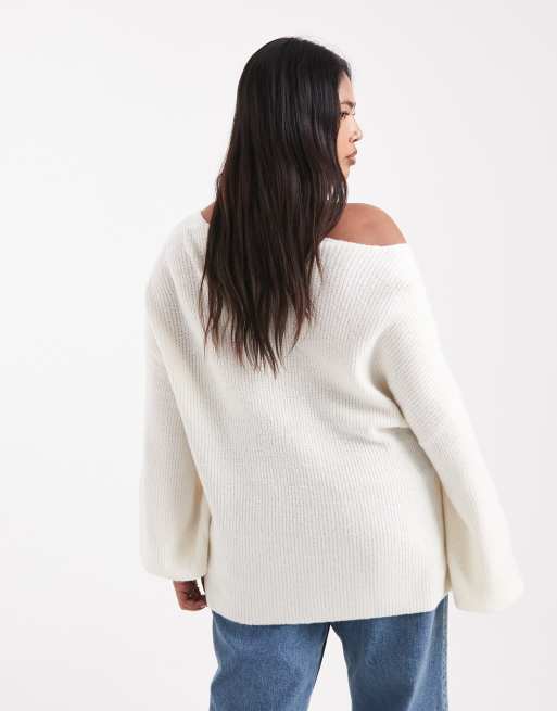 Threadbare Plus - Råhvid vamset løstsiddende trøje med V-hals, 4 af 4