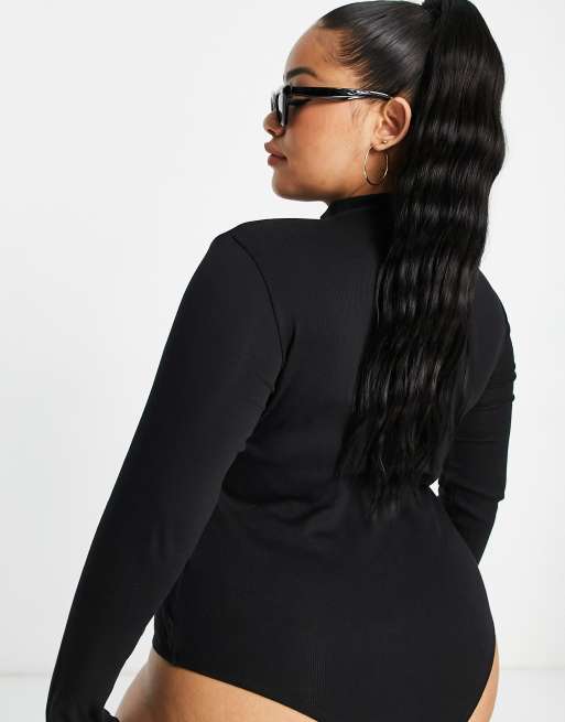 Threadbare Plus ribbed high neck half zip long sleeve bodysuit in black, 2 of 4