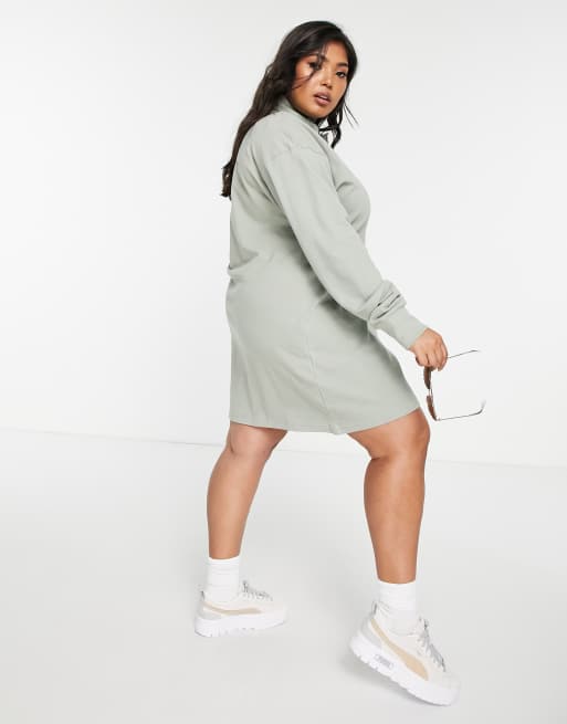 Threadbare Plus - Salviegrøn mini-skjortekjole i polostil med lange ærmer, 2 af 4