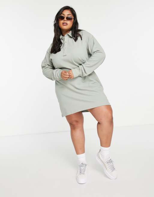 Threadbare Plus - Salviegrøn mini-skjortekjole i polostil med lange ærmer, 3 af 4
