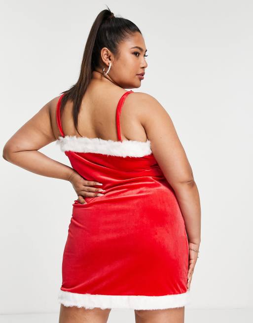 Threadbare Plus santa Christmas velour cami mini dress with faux fur trim |  ASOS