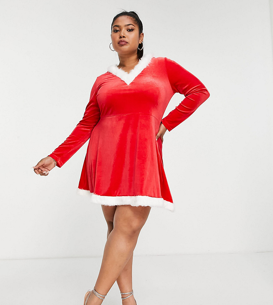 Threadbare Plus Santa Christmas velour hooded mini dress in red with white faux fur trim