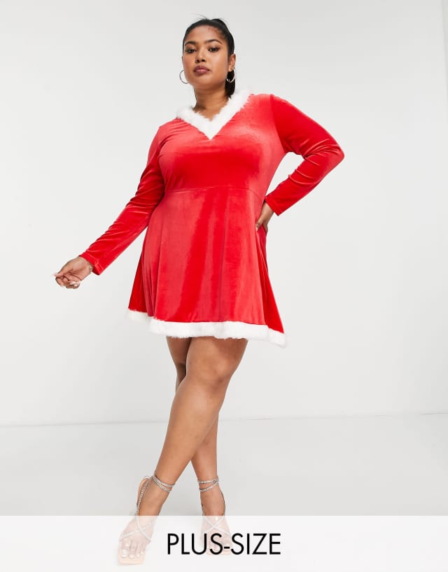 Threadbare Plus Santa Christmas velour hooded mini dress in red with white faux fur trim