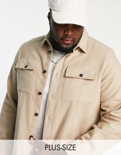 Threadbare Plus – Schwere, angeraute Hemdjacke in Steinbeige