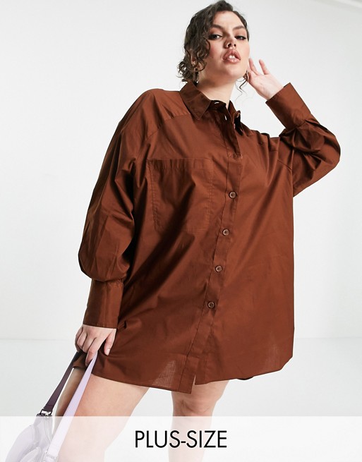 Threadbare Plus Size oversized balloon sleeve shirt dress in chocolate brown