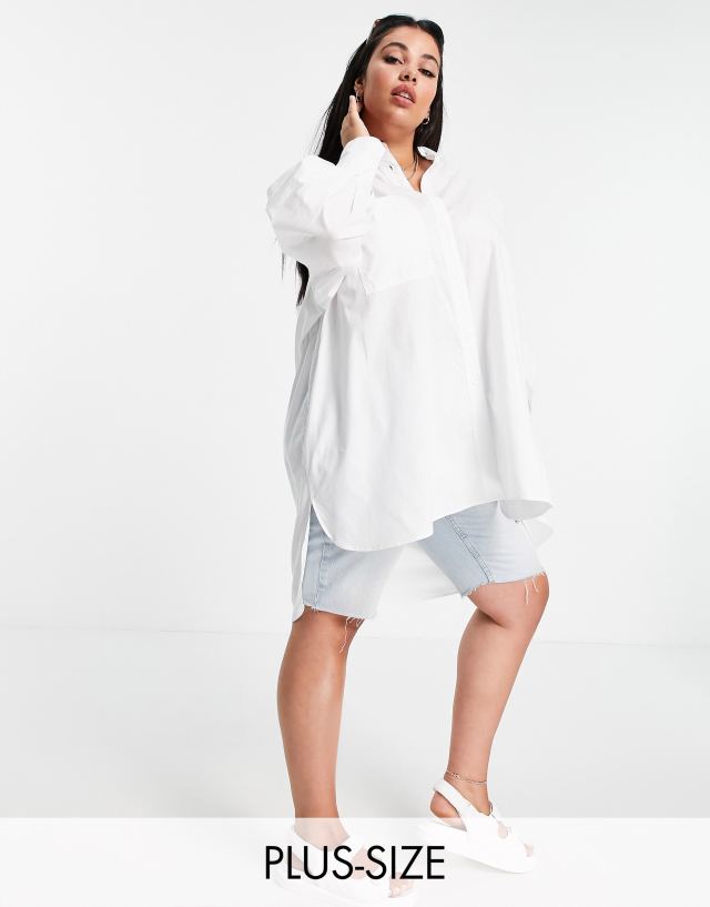 Threadbare - plus size oversized balloon sleeve shirt dress in white