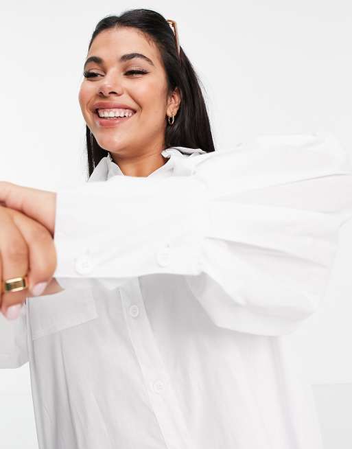 Threadbare Plus Size oversized balloon sleeve shirt dress in white, 2 of 4