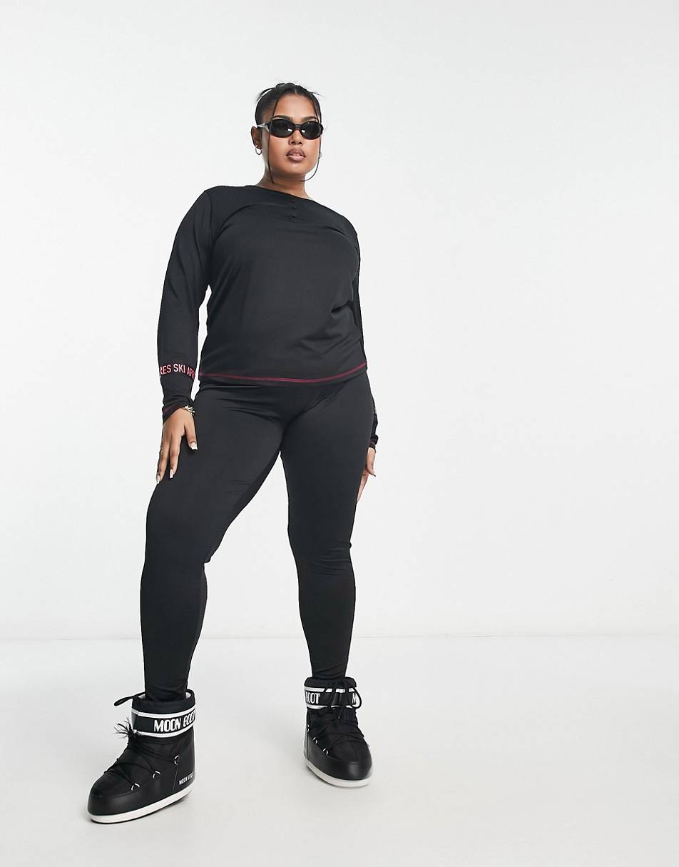 Threadbare Plus Ski base layer banded waistband leggings and long sleeeve top set in black
