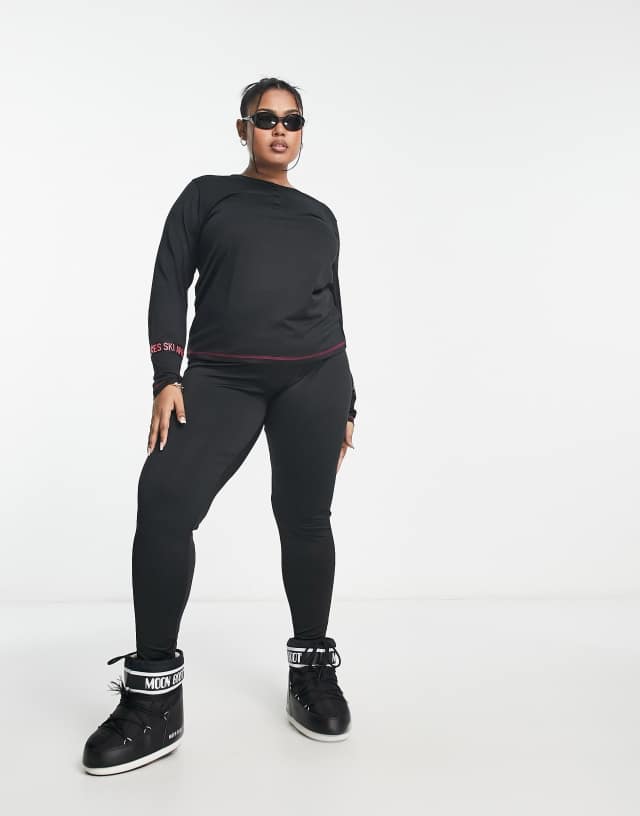 Threadbare Plus Ski base layer banded waistband leggings and long sleeve top set in black