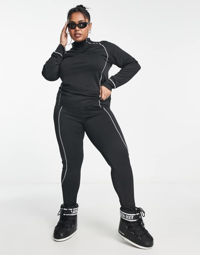 Threadbare Plus Ski base layer high neck long sleeve top and leggings set in black