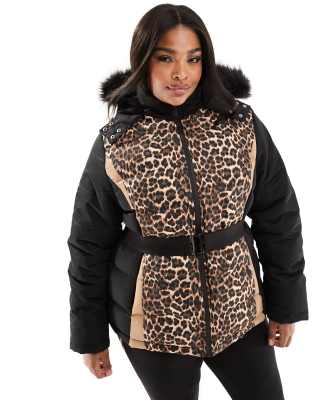 Threadbare Plus Ski belted coat with faux fur hood in leopard print-Black