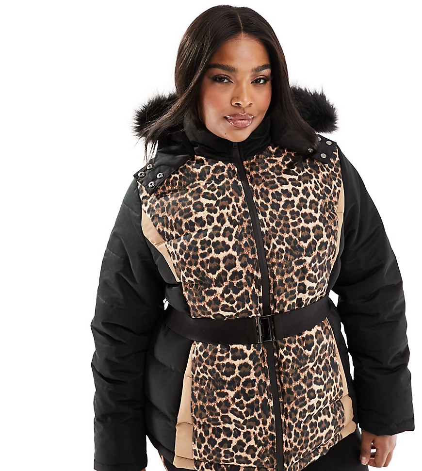 Threadbare Plus Ski belted coat with faux fur hood in leopard print-Black