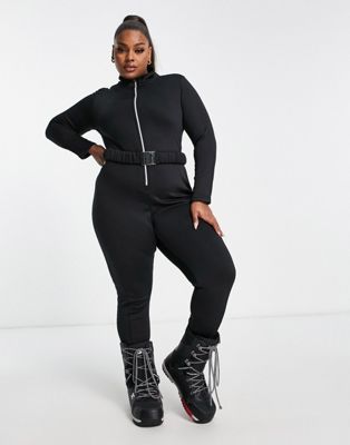 Threadbare Fitness Curve Threadbare Plus Ski Belted Jumpsuit In Black