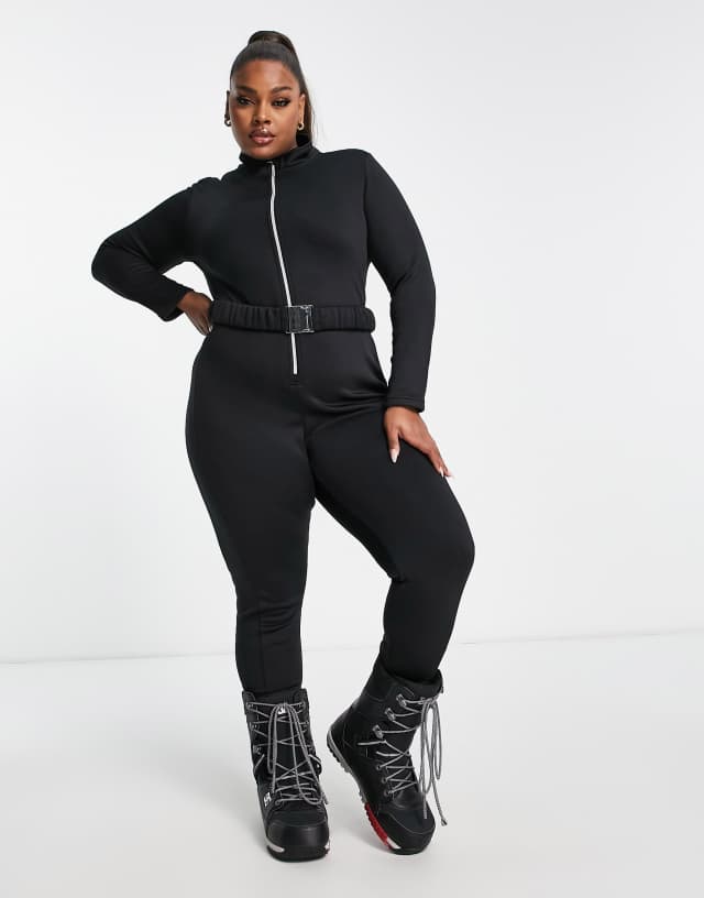 Threadbare Plus Ski belted jumpsuit in black