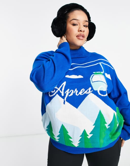 Threadbare Plus Ski Blå, mönstrad tröja med hög krage ASOS