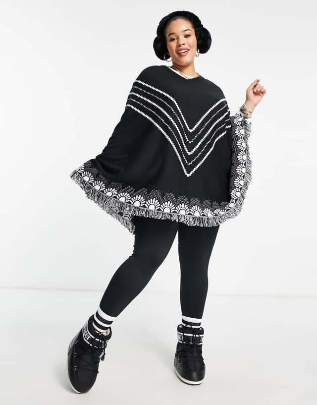 Threadbare Plus Ski poncho with print trim in black