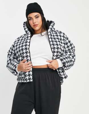 Threadbare Plus Ski puffer jacket in houndstooth