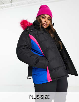 Threadbare Plus Ski puffer jacket with faux fur trim hood in black & pink