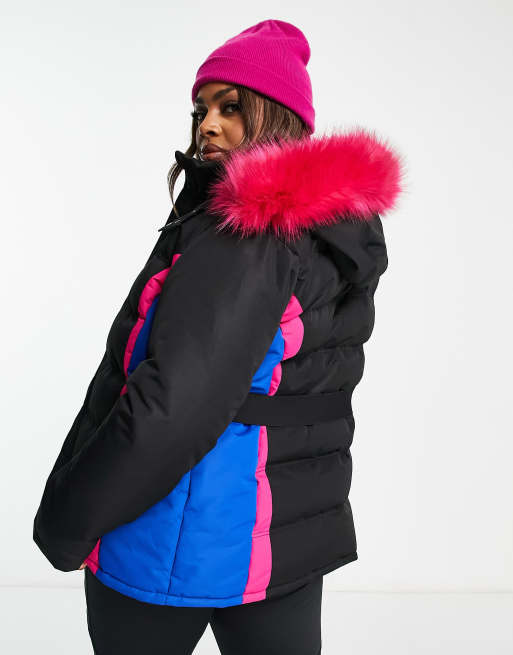 Missguided ski belted jacket with fur hood in pink