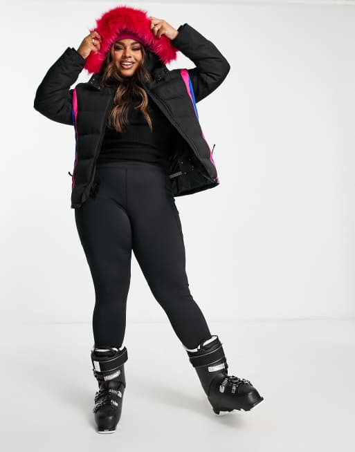 Threadbare Plus Ski puffer jacket with faux fur trim hood in black & pink