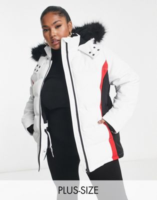 Threadbare Fitness Curve Threadbare Plus Ski Puffer Jacket With Faux Fur Trim Hood In White