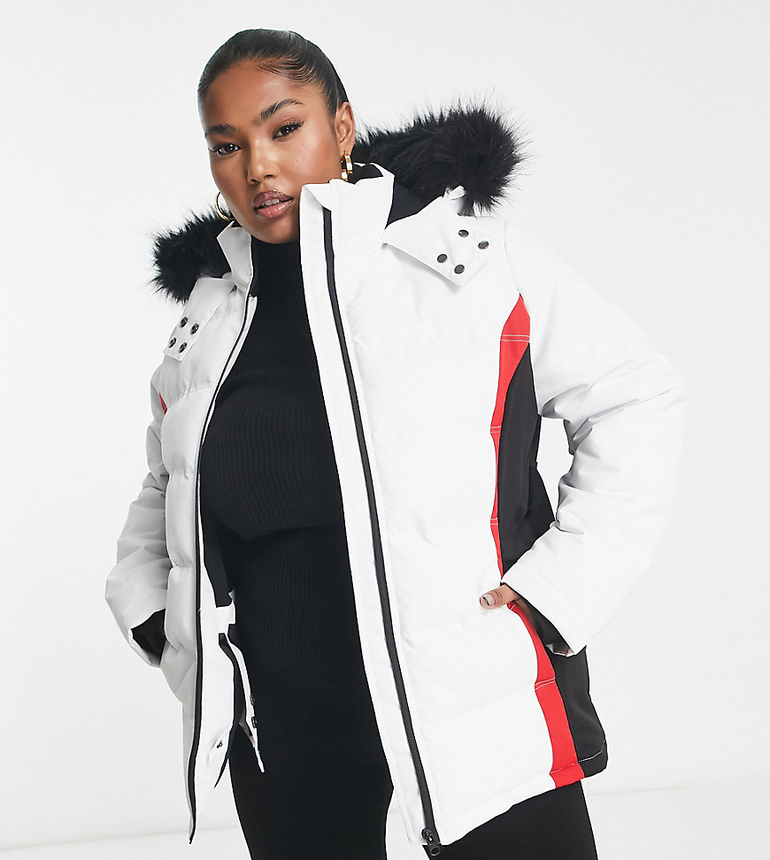 Threadbare Plus Ski puffer jacket with faux fur trim hood in white