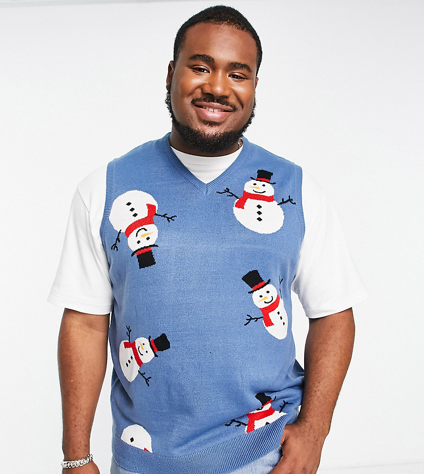Plus snowman Christmas sweater vest in denim blue