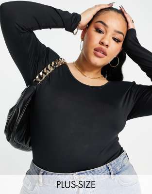 Threadbare Plus super stretch long sleeve bodysuit with shoulder pads in black ASOS