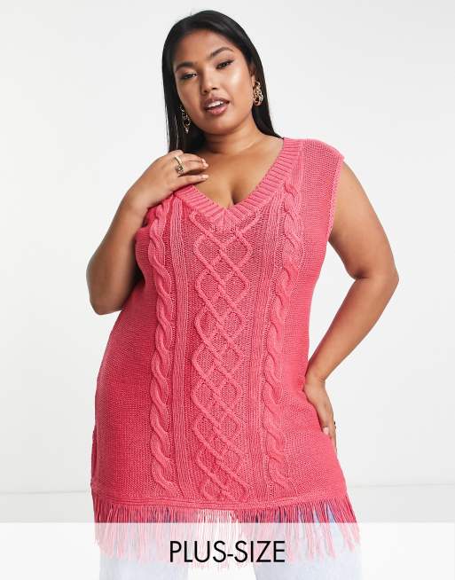 Threadbare Plus Tango knitted vest with tassels in pink