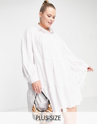 Threadbare Plus tiered shirt dress in white