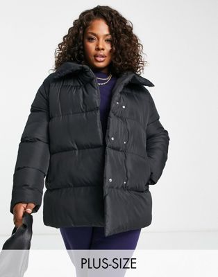 Threadbare Plus Topaz double breasted puffer jacket with shawl neck in black