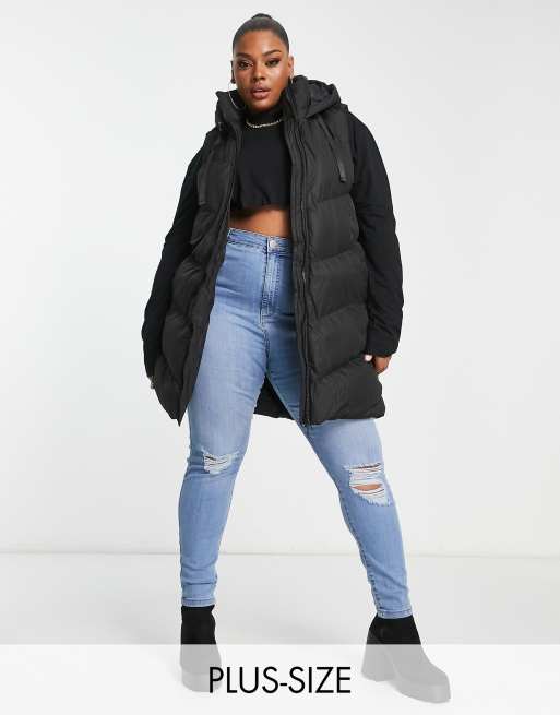 Threadbare Plus - Vamp - Gilet taglio lungo imbottito con cappuccio nero