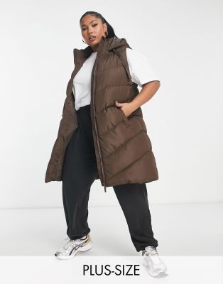 Threadbare Plus Vamp longline padded vest with hood in chocolate brown