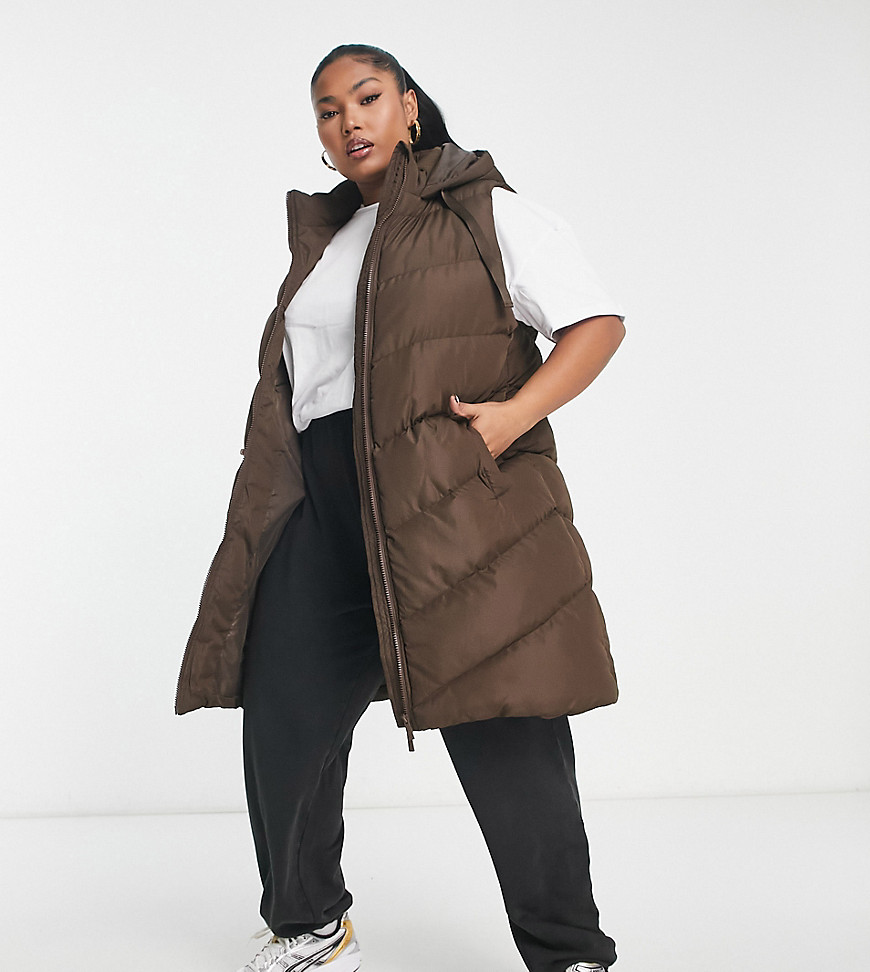Threadbare Plus Vamp longline padded vest with hood in chocolate brown