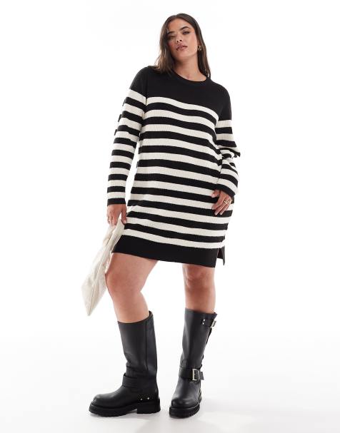 Threadbare Plus - Vestito maglia midi a righe bianco e nero - view 1